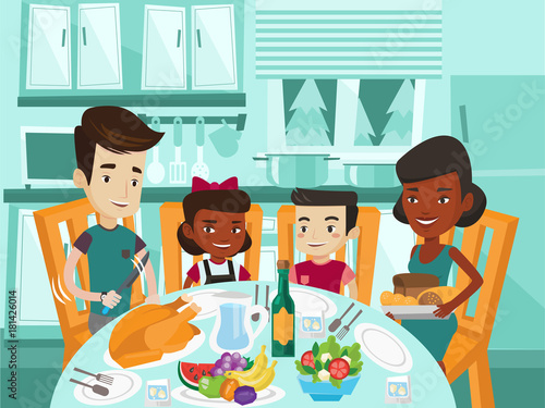 Multicultural family of four celebrating thanksgiving day