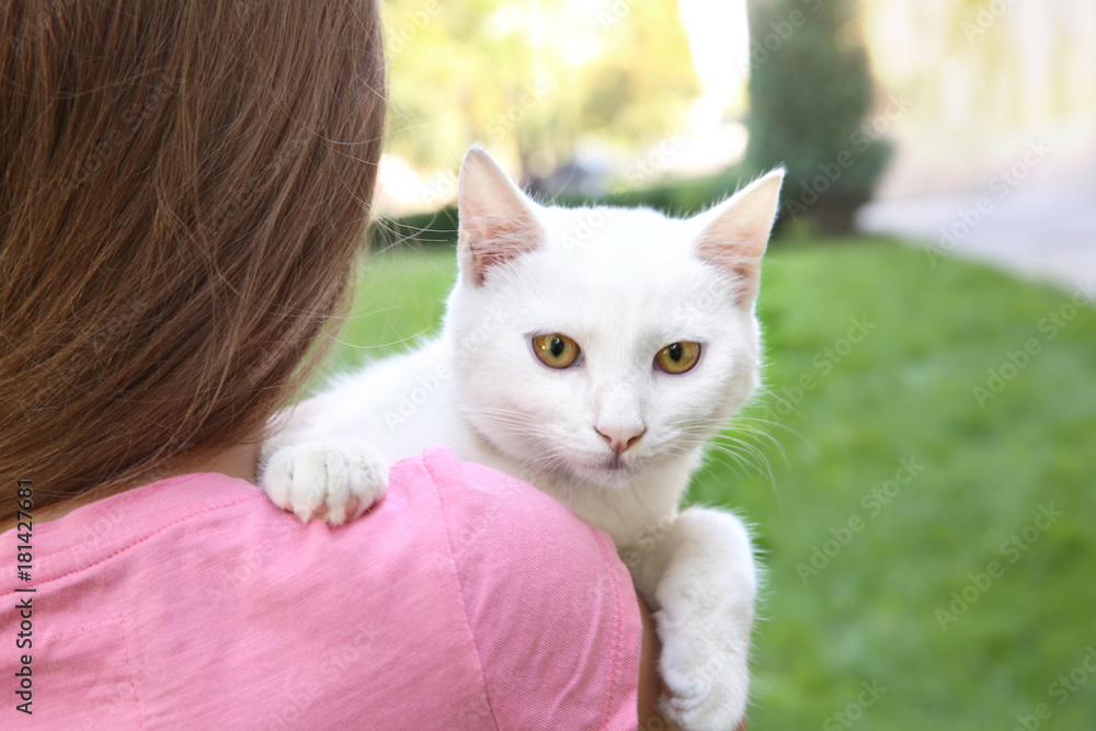 Cute little girl holding white cat outdoors Cute little girl holding white cat outdoors