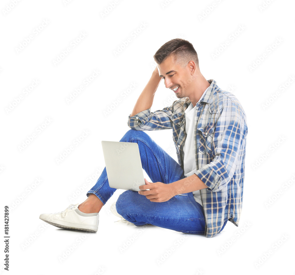 Young man with laptop on white background Young man with laptop on white background