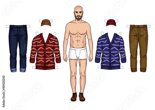 The guy in the underwear is standing in front. Paper doll of a man. Set of warm winter hipster clothes for men isolated from background photo