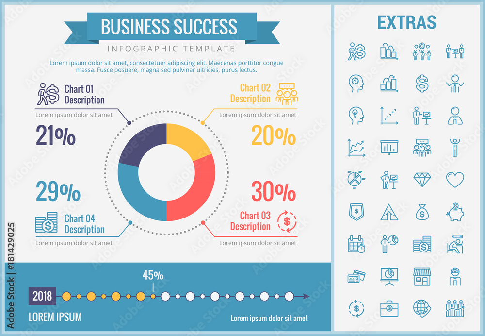 Fototapeta premium Business success infographic template, elements and icons. Infograph includes customizable pie chart, line icon set with business worker, successful businessman, corporate leader, market data etc.