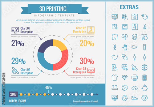 3D printing infographic template, elements and icons. Infograph includes customizable pie chart, graph, line icon set with 3D printer, products of 3D innovation technologies, printing machine etc.