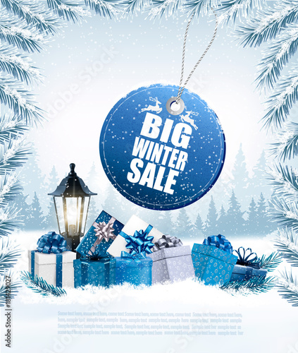 Christmas presents with a sale sticker and a gift boxes. Vector.
