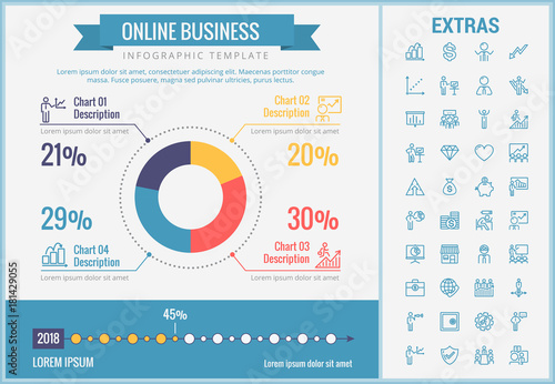 Online business infographic template, elements and icons. Infograph includes customizable pie chart, graph, line icon set with stack of money, online market, business worker, mobile shop etc.