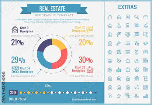 Real estate infographic template, elements and icons. Infograph includes customizable pie chart, graph, line icon set with real estate agent, architecture engineering, investment broker, realtor etc.