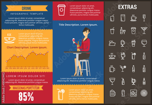 Drink infographic template, elements and icons. Infograph includes customizable charts, graphs, line icon set with bar drinks, alcohol beverage, variety of glasses, non-alcoholic beverages etc. photo