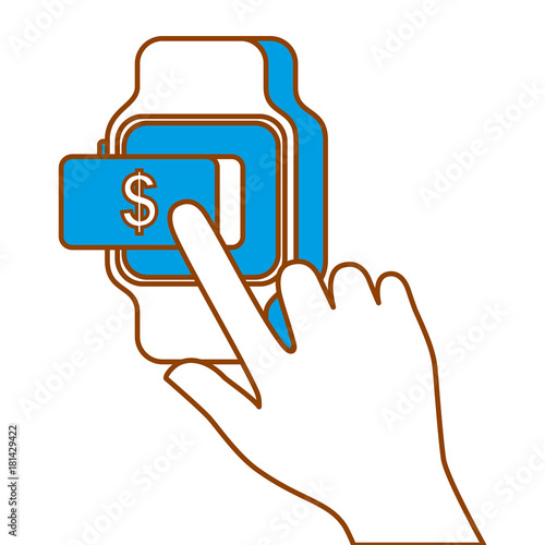 smart watch with hand and finger pointing at pay button business payment vector illustration