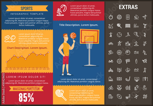 Sports infographic template, elements and icons. Infograph includes customizable graphs, charts, line icon set with sport equipment, sports field, competitive games, champion pedestal, athlete etc.