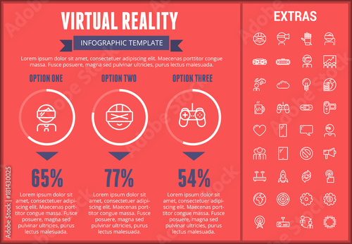 Virtual reality infographic template, elements and icons. Infograph includes customizable graphs, three options, line icon set with virtual reality glasses, vr technology, video games, tech app etc.