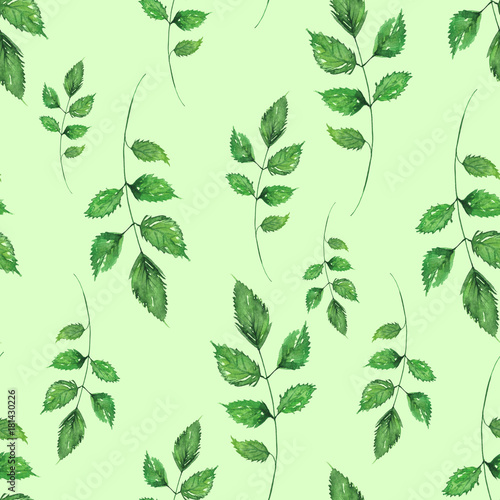 Seamless watercolor watercolor , watercolor with a pattern - green leaves, branch. Vintage art illustration for your design, fabric, wallpaper, scrapbooking paper and more. On a green background. © helgafo