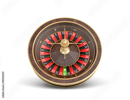 3d rendering of an isolated wooden casino roulette with golden decorations on white background.