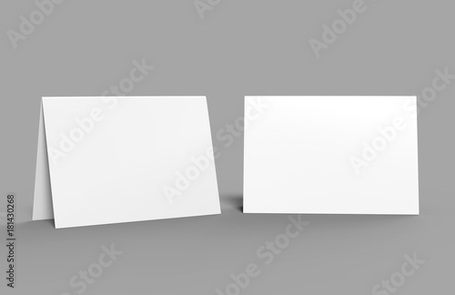 Bi fold or  Horizontal half fold brochure mock up isolated on soft gray background. 3D render illustration © godesignz