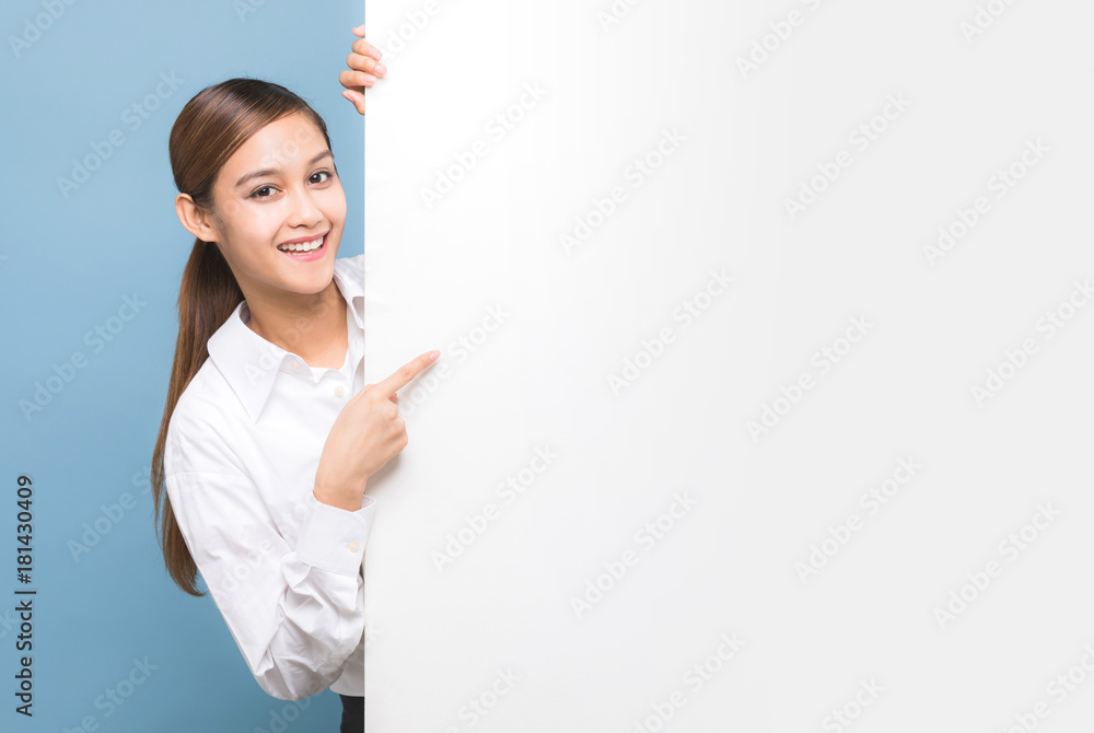 Young woman pointing message board. Young woman pointing message board.