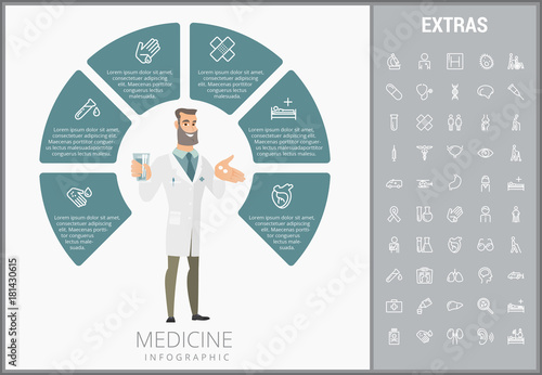 Medicine infographic template, elements and icons. Infograph includes customizable circular diagram, line icon set with medical stethoscope, disable person, hospital doctor, nurse, first aid kit etc.