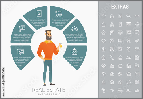 Real estate infographic template, elements and icons. Infograph includes customizable circular diagram, line icon set with real estate agent, architecture engineering, investment broker, realtor etc.
