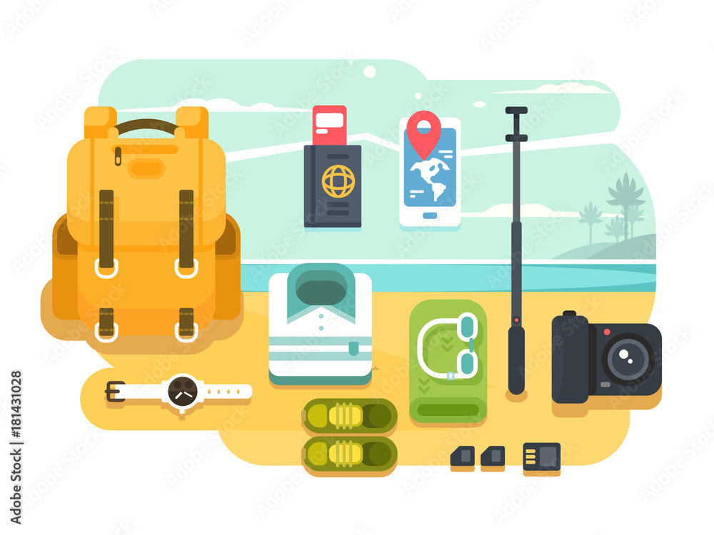 Travel or vacation accessories flat design Travel or vacation accessories flat design