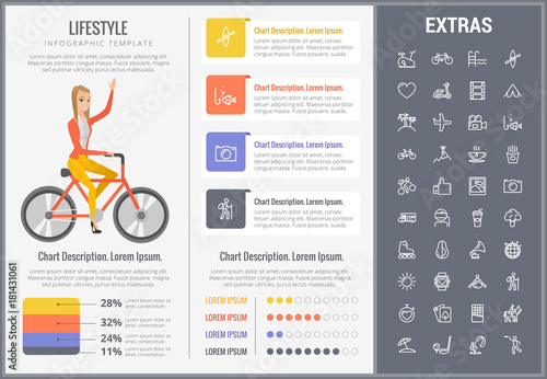 Lifestyle infographic template, elements and icons. Infograph includes customizable graphs, charts, line icon set with healthy food, sport exercise, media, training machine, leisure activities etc.