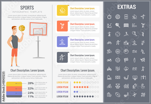 Sports infographic template, elements and icons. Infograph includes customizable graphs, charts, line icon set with sport equipment, sports field, competitive games, champion pedestal, athlete etc.