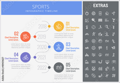 Sports infographic timeline template, elements and icons. Infograph includes numbered options with years, line icon set with sport equipment, sports field, competitive games, champion pedestal etc.