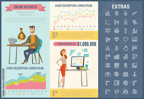 Online business infographic template, elements and icons. Infograph includes customizable graphs, charts, line icon set with stack of money, online market, business worker, mobile shop etc.