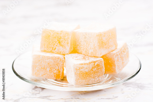 Pieces of Turkish Delight. on a plate