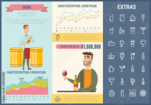 Drink infographic template, elements and icons. Infograph includes customizable graphs, charts, line icon set with bar drinks, alcohol beverage, variety of glasses, non-alcoholic beverages etc.