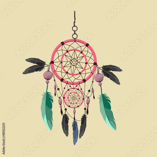 Magical dream catcher with sacred feathers to catch dreams pictogram icon abstract vector illustration. Dream catcher with Indian vector feather.