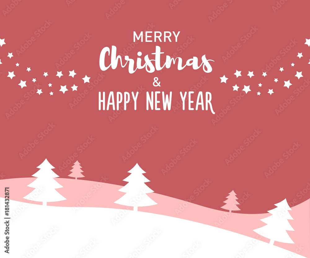 Naklejka premium Merry Christmas and Happy new Year message with different fonts on a winter landscape. Flat vector art with stars