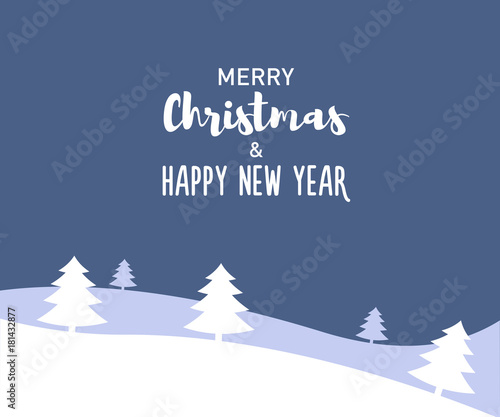 Merry Christmas and Happy new Year message with different fonts on a winter landscape. Flat vector art