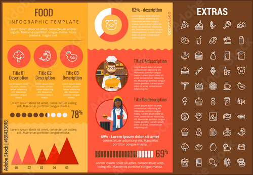 Food infographic template, elements and icons. Infograph includes customizable graphs, charts, line icon set with food ingredients, restaurant meal, fruit and vegetables, sweet snacks, fast food etc.