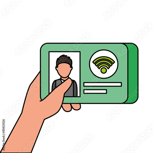 hand holding id card document wifi technology vector illustration