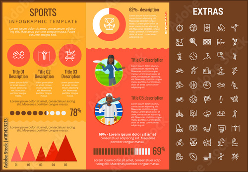 Sports infographic template, elements and icons. Infograph includes customizable graphs, charts, line icon set with sport equipment, sports field, competitive games, champion pedestal, athlete etc.