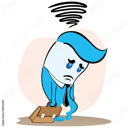 Illustration of an executive blue mascot, sad and depressed about something. Ideal for training, internal and institutional matters