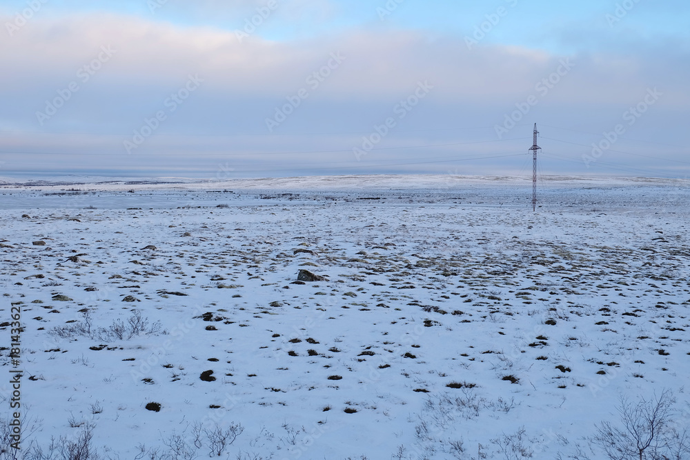 Tundra landscape cover with snow in early Winter on the way from Murmansk to Teriberka Tundra landscape cover with snow in early Winter on the way from Murmansk to Teriberka