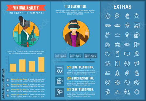 Virtual reality infographic template, elements and icons. Infograph includes customizable graphs, charts, line icon set with virtual reality glasses, vr technology, video games, tech app etc.