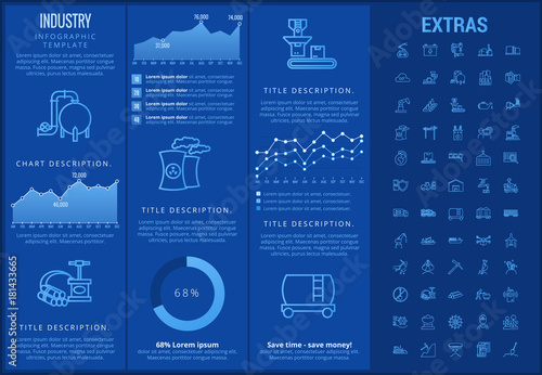 Industry infographic template, elements and icons. Infograph includes customizable graphs, charts, line icon set with mining equipment, fossil fuel, manufacturing industry, nuclear power plant etc.