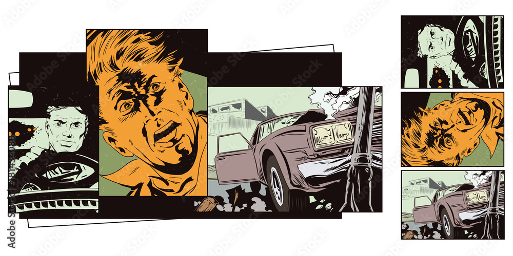 Obraz premium Stock illustration. Car crashed into a pillar.