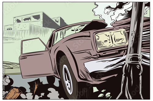 Stock illustration. Car crashed into a pillar.
