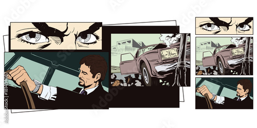 Stock illustration. Car crashed into a pillar.