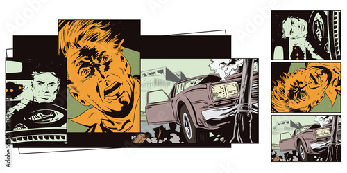 Stock illustration. Car crashed into a pillar.