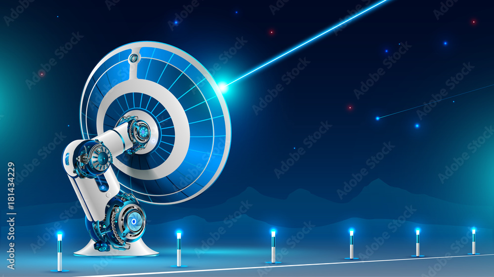 A large satellite dish broadcast radio signal into the night sky in the  mountains. The technology of global satellite television and the Internet.  Future concept Stock Vector | Adobe Stock
