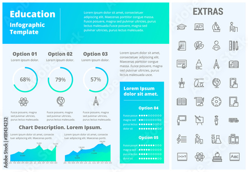 Education infographic template, elements and icons. Infograph includes customizable graphs, three options, line icon set with education certificate, university student, books, college diploma etc.