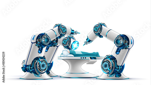 Robotic surgery. Robot surgeon makes a surgery patient on the operating table. Robotic arms holding the surgical instruments. Modern medical technologies. Innovation in medicine. Future concept.