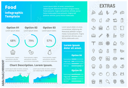 Food infographic template, elements and icons. Infograph includes customizable graphs, three options, line icon set with food ingredients, restaurant meal, fruit and vegetables, snacks, fast food etc.