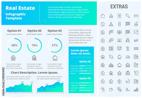 Real estate infographic template, elements and icons. Infograph includes customizable graphs, options, line icon set with real estate agent, architecture engineering, investment broker, realtor etc.