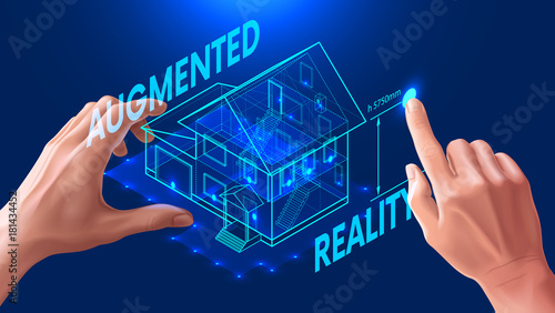 3D house plan. The engineer uses the virtual interface for augmented reality in the architectural design of the house. Virtual interactive interface controlled by gestures of the user's hands.