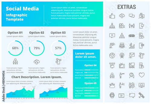 Social media infographic template, elements and icons. Infograph includes customizable graphs, three options, line icon set with social media, global network, electronic mail, internet technology etc.