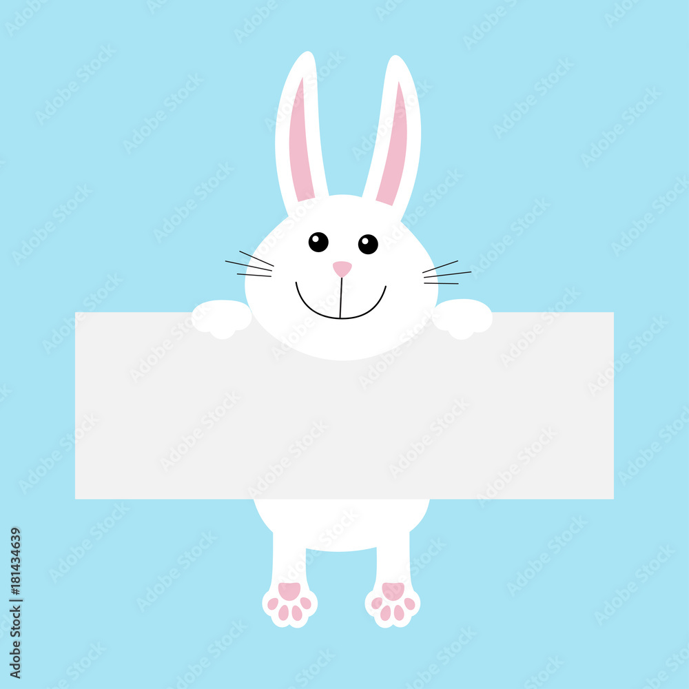 Funny white rabbit hare hanging on paper board template. Kawaii animal body with pawprint. Cute cartoon character. Baby card. Flat design style. Blue background Isolated Funny white rabbit hare hanging on paper board template. Kawaii animal body with pawprint. Cute cartoon character. Baby card. Flat design style. Blue background Isolated