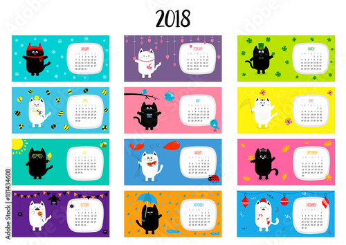 Cat horizontal monthly calendar 2018. Cute funny cartoon character set. All month. Happy Valentines Christmas St Patrick day Easter Egg Bird Chicken Umbrella, rain. Santa hat, sun Flat design