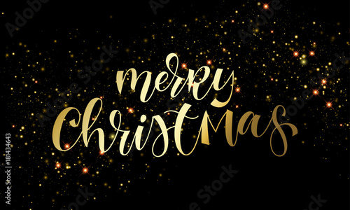 Merry Christmas greeting card of golden festive glitter confetti or sparkling fireworks on premium black background. Vector gold calligraphy lettering quote text design for Christmas winter holiday